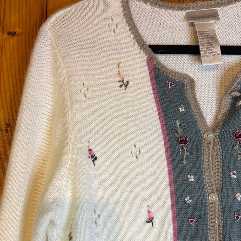 Koret Cream and Green Cardigan with Pink Accents - Picture 3 of 8